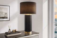 Moderne Tischlampe ELEGANCIA 70cm schwarz gold Keramik rund Stoffschirm