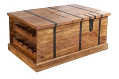 Massivholz Couchtisch BODEGA 100cm braun Sheesham stone finish Truhe Stauraum Weinregal