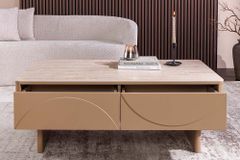 Design Couchtisch SAVOY 120cm grau beige greige Keramik Travertin mit Schublade