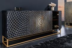 Design Sideboard ILLUSION 180cm schwarz Mangoholz Massivholz mit 3D Schnitzereien gold Eisen Metallgestell