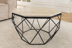 Handgefertigter Couchtisch DIAMOND 70cm beige Travertin schwarz Eisen