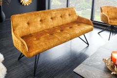 Design Sitzbank EUPHORIA 160cm senfgelb Samt Retrostil Ziersteppung Hairpin Legs Metallbeine Armlehnen
