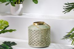 Deko Windlicht CANDLELIGHT 20cm beige-grün Metall handmade Laterne