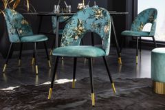 Design Stuhl PRÊT-À-PORTER türkis Samt florales Muster und goldene Fußkappen