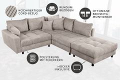Modernes Ecksofa KENT 220cm greige Cord inkl. Hocker Federkern L-Form Wohnlandschaft