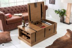 Massiver Couchtisch BODEGA 100cm braun honey finish Mangoholz Hausbar Truhe Stauraum
