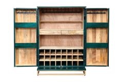 Handgearbeiteter Barschrank GOLDEN SUNSET 140cm türkis Mangoholz massiv