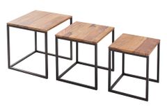 3er Set Beistelltisch ELEMENTS 40cm braun Sheesham Massivholz stone finish Metall