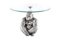Runder Couchtisch WILDLIFE KONG 60cm silber Metall Glas Affenfigur Gorilla Skulptur handmade
