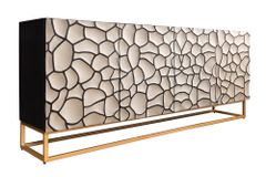 Massivholz Sideboard VULCANO 180cm weiß schwarz Mangoholz mit 3D Schnitzereien handmade Metallgestell gold