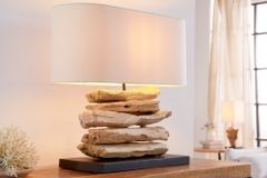 Handgearbeitete Treibholz Lampe RIVERINE 55cm creme Leinenschirm Tischleuchte