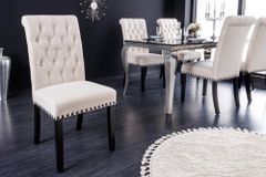 Design Stuhl CASTLE beige schwarz Strukturstoff Holzfüße Chesterfield