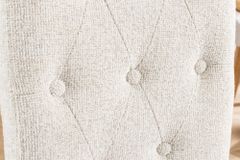 Design Stuhl CASA beige Bouclé Tweed Soft Massivholzbeine Zierknöpfe und Nackenrolle