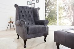 Chesterfield Ohrensessel antik grau Microfaser mit Knopfheftung