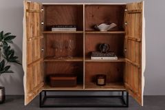 Massives Highboard LION 120cm creme Mangoholz schwarz Metall 3D Schnitzereien Kunstwerk