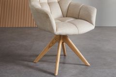 Drehbarer Design Stuhl PAPILLON beige Samt Eiche Massivholz mit Armlehnen
