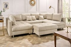 XXL Wohnlandschaft KENT 305cm champagner beige Vogue Velours Samt Federkern mit Hocker