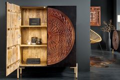 Massives Highboard MANDALA 120cm Mangoholz mit 3D Schnitzereien schwarz goldene Füße