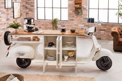 Extravaganter Barschrank SCOOTER 250cm weiß Retro-Konsole Motorroller mit Mangoholz Upcycling