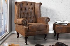 Chesterfield Sessel 85cm antik braun Microfaser mit Knopfheftung