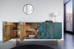Handgearbeitetes Sideboard GOLDEN SUNSET 180cm türkis gold Mangoholz Metallbeine