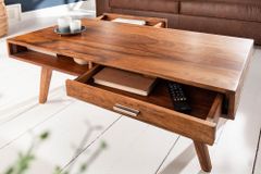 Massivholz Couchtisch RETRO 100cm braun Sheesham stone finish Schubladen handmade