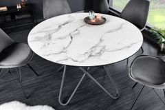 Runder Esstisch ELLIPSE 120cm Marmor weiß Keramik made in Italy Hairpin Legs