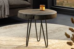 Runder Beistelltisch GOA 45cm grau Akazie Massivholz Baumscheibe Hairpin Legs Metall