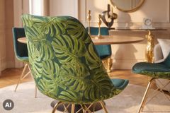 Design Stuhl SCANDINAVIA MEISTERSTÜCK grün Chenille gold Metall Monstera-Blatt