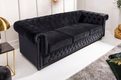 Barock Sofa CHESTERFIELD 205cm schwarz Samt Federkern Knopfheftung 3-Sitzer Couch