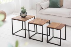 3er Set Beistelltisch ELEMENTS 40cm braun Sheesham Massivholz stone finish Metall
