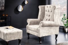 Design Ohrensessel CHESTERFIELD 105cm champagner beige Samt silber Ziernieten