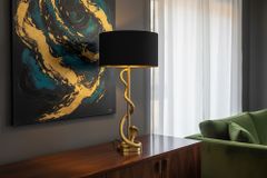 Design Tischlampe COBRA 110cm gold Schlangen Skulptur schwarzer Stoffschirm