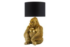 Handgefertigte Tischlampe KING APE 55cm gold schwarzer Stoffschirm Gorilla-Skulptur