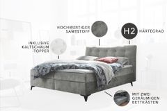 Design Boxbett DECADENCIA 180x200cm silbergrau Samt mit Stauraum Matratze Topper