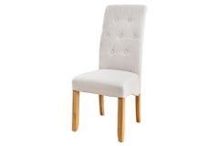 Design Stuhl CASA beige Leinen Massivholzbeine mit Zierknöpfen und Nackenrolle