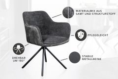 Drehbarer Stuhl VERONA dunkelgrau Samt Strukturstoff mit Armlehne Metallbeine schwarz