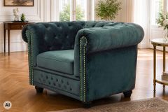 Barocker Sessel CHESTERFIELD petrol Samt Federkern goldene Nieten mit Knopfheftung
