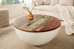 Design Couchtisch JAKARTA 70cm weiß Massivholz rund aus recycelten Fischerbooten mit Stauraum