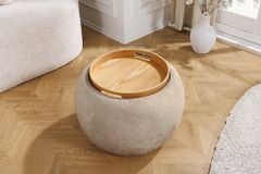 Runder Couchtisch ORBIT 50cm champagner-greige Bouclé Hocker mit Tablett und Stauraum