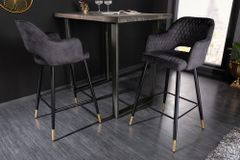 Design Barhocker PARIS grau Samt mit Lehne Metall schwarz gold Ziersteppung