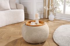 Runder Couchtisch ORBIT 50cm champagner-greige Bouclé Hocker mit Tablett und Stauraum