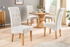 Design Stuhl CASA beige Bouclé Tweed Soft Massivholzbeine Zierknöpfe und Nackenrolle