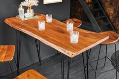 Massivholz Bartisch MAMMUT 140cm natur Akazie Baumkante Metall schwarz Hairpin Legs