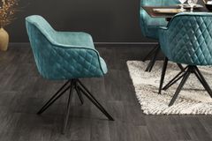 Drehbarer Design Stuhl EUPHORIA petrol Samt mit Armlehne Metallgestell schwarz