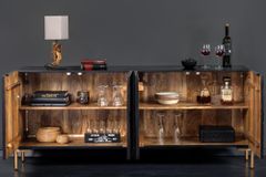 Massives Sideboard MANDALA 160cm Mangoholz schwarz mit 3D Schnitzereien goldene Füße