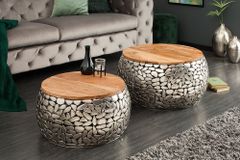 2er Set Runde Couchtische STONE MOSAIC 65cm silber Mangoholz Metall handmade Mosaik Design