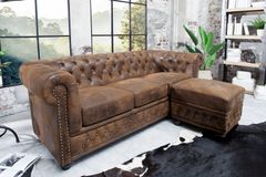 Chesterfield 3-Sitzer Sofa 205cm antik braun Microfaser Federkern Knopfheftung