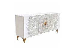 Handgearbeitetes Sideboard GOLDEN SUNSET 140cm weiß mit 3D Schnitzereien gold Mangoholz Metallbeine
