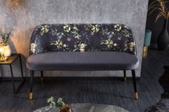 Design Bank PRÊT-À-PORTER grau Samt florales Muster und goldene Fußkappen